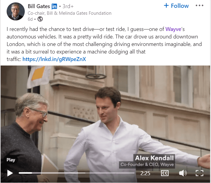 Bill Gates promotes Wayve's auotnomous vehicles